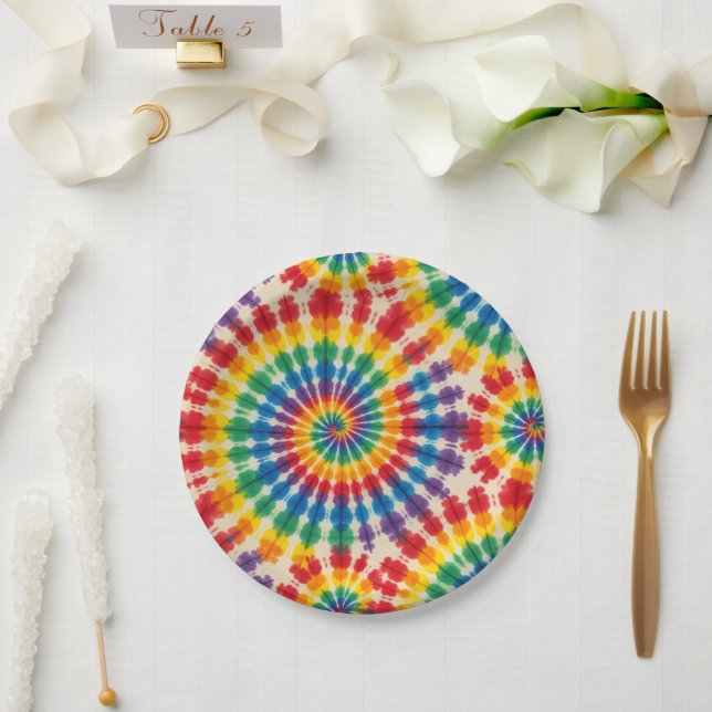 Psychedelic Rainbow Tie-Dye Retro Paper Plates (Wedding)