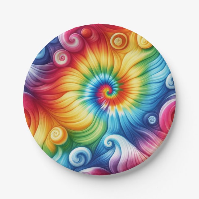 Psychedelic Rainbow Tie-Dye Retro Paper Plates (Front)