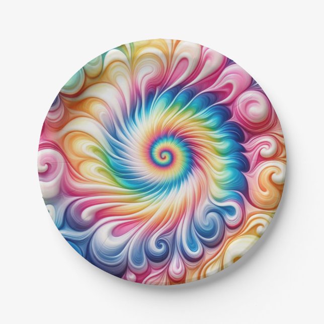 Psychedelic Rainbow Tie-Dye Retro Paper Plates (Front)