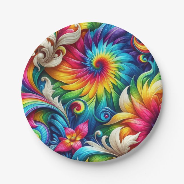 Psychedelic Rainbow Tie-Dye Retro Paper Plates (Front)