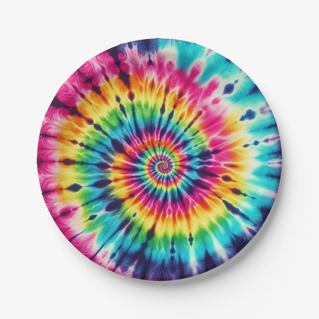 Psychedelic Rainbow Tie-Dye Retro Paper Plates (Front)