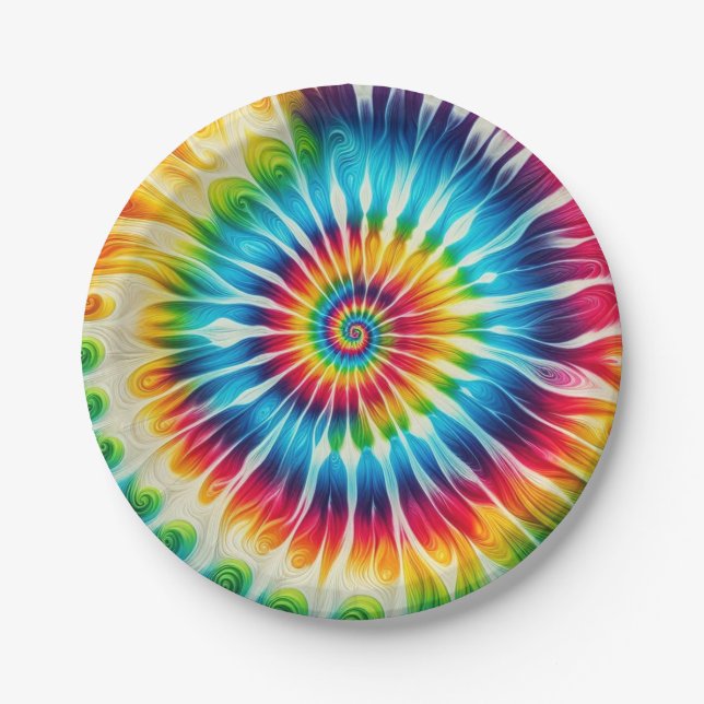 Psychedelic Rainbow Tie-Dye Retro Paper Plates (Front)