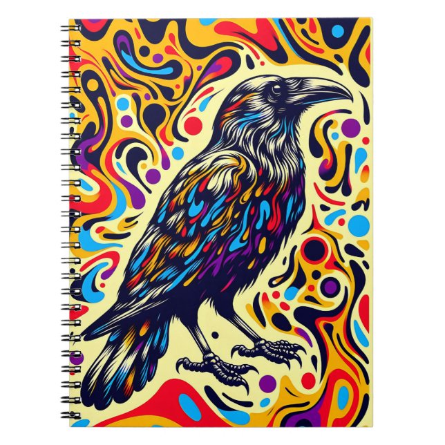 Psychedelic Raven Flow –Colourful Abstract Bird Ar Notebook (Front)