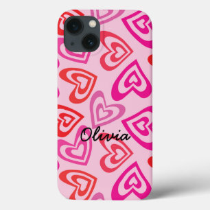Psychedelic Red and Pink Hearts Name  iPhone 13 Case