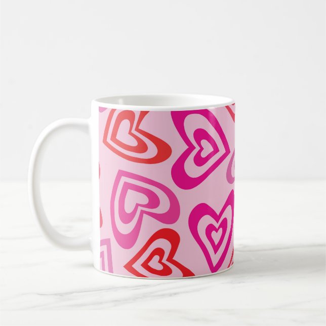 Psychedelic Red and Pink Retro Hearts  Coffee Mug (Left)