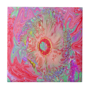 Psychedelic Retro Coral Rainbow Hibiscus Ceramic Tile