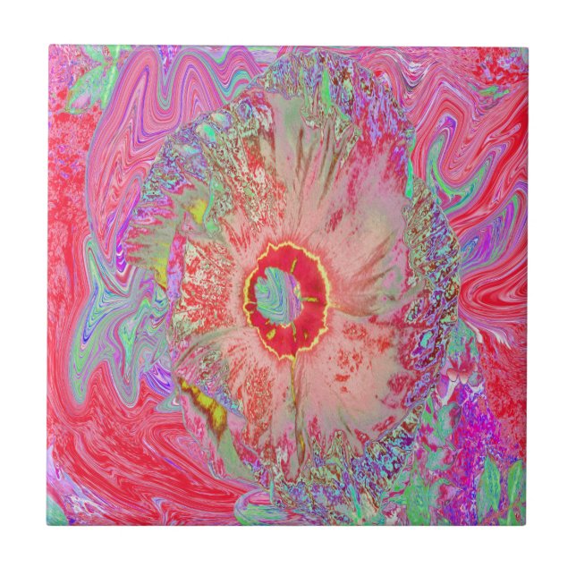 Psychedelic Retro Coral Rainbow Hibiscus Ceramic Tile (Front)