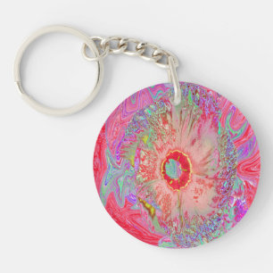 Psychedelic Retro Coral Rainbow Hibiscus Key Ring