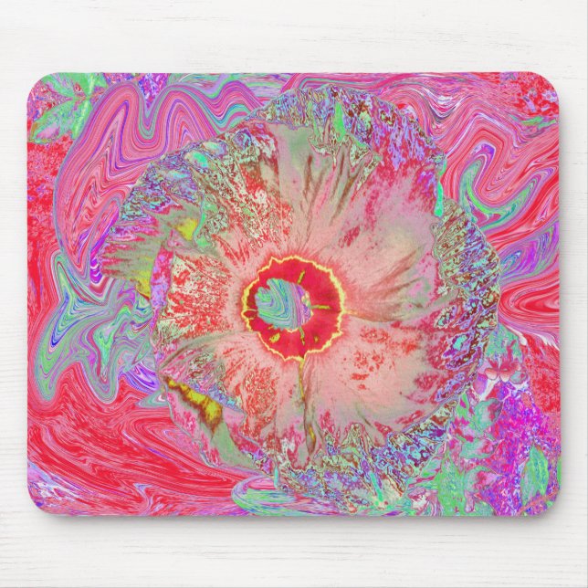 Psychedelic Retro Coral Rainbow Hibiscus Mouse Pad (Front)