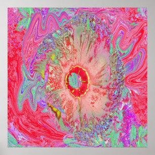 Psychedelic Retro Coral Rainbow Hibiscus Poster