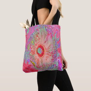 Psychedelic Retro Coral Rainbow Hibiscus Tote Bag
