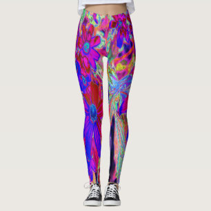 Psychedelic Retro Crimson and Magenta Wildflowers Leggings
