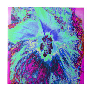 Psychedelic Retro Green and Blue Hibiscus Flower Ceramic Tile