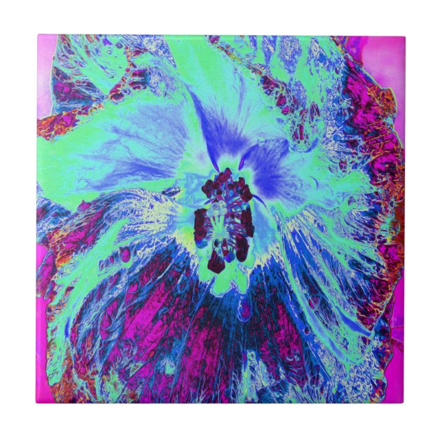 Psychedelic Retro Green and Blue Hibiscus Flower Ceramic Tile (Front)