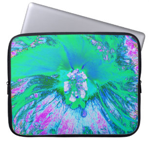 Psychedelic Retro Green and Hot Pink Hibiscus Laptop Sleeve