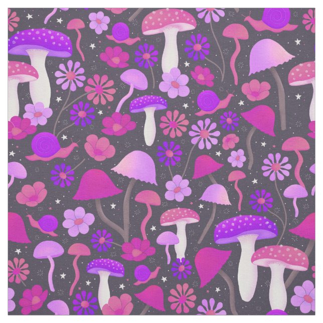 Psychedelic Retro Mushrooms Purple, Pink, & Black Fabric (Swatch)