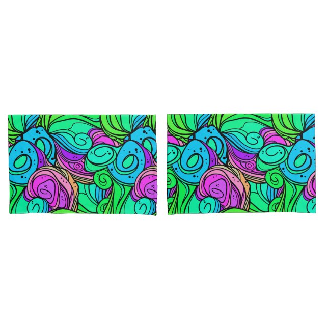 Psychedelic Retro Pattern Blue Green Teal Purple Pillowcase (Front-Set)