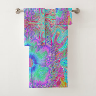 Psychedelic Retro Rainbow Blue Hibiscus Bath Towel Set