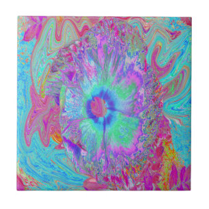 Psychedelic Retro Rainbow Blue Hibiscus Ceramic Tile