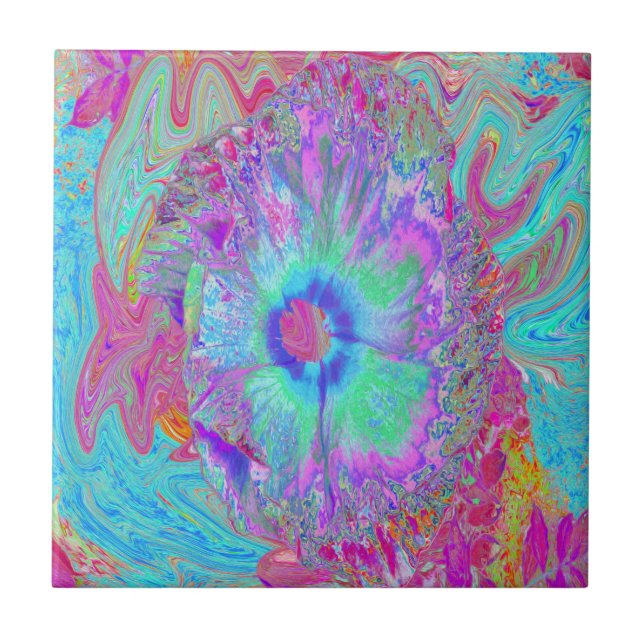 Psychedelic Retro Rainbow Blue Hibiscus Ceramic Tile (Front)