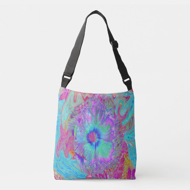 Psychedelic Retro Rainbow Blue Hibiscus Crossbody Bag (Front)