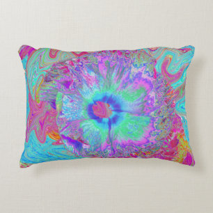 Psychedelic Retro Rainbow Blue Hibiscus Decorative Cushion
