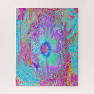 Psychedelic Retro Rainbow Blue Hibiscus Jigsaw Puzzle
