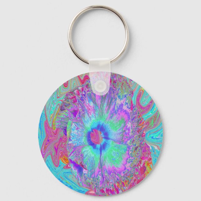 Psychedelic Retro Rainbow Blue Hibiscus Key Ring (Front)