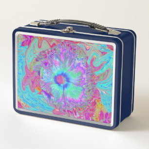 Psychedelic Retro Rainbow Blue Hibiscus Metal Lunch Box