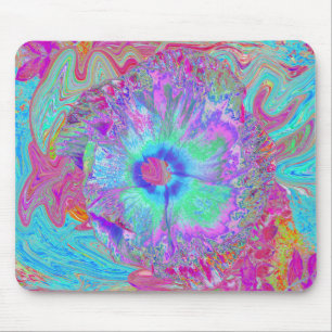 Psychedelic Retro Rainbow Blue Hibiscus Mouse Pad