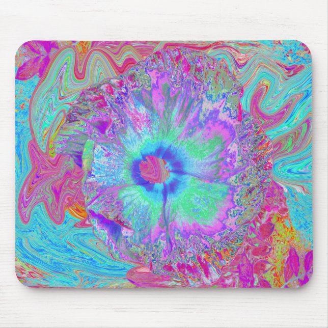 Psychedelic Retro Rainbow Blue Hibiscus Mouse Pad (Front)
