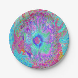 Psychedelic Retro Rainbow Blue Hibiscus Paper Plate