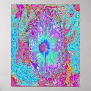 Psychedelic Retro Rainbow Blue Hibiscus Poster
