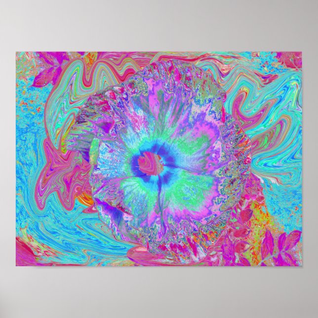 Psychedelic Retro Rainbow Blue Hibiscus Poster (Front)