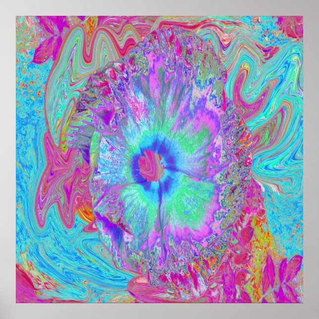 Psychedelic Retro Rainbow Blue Hibiscus Poster (Front)