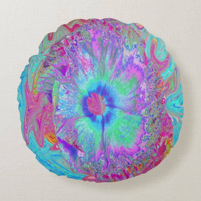Psychedelic Retro Rainbow Blue Hibiscus Round Cushion (Front)
