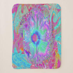Psychedelic Retro Rainbow Blue Hibiscus Sherpa Blanket