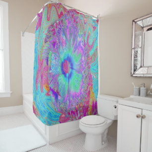 Psychedelic Retro Rainbow Blue Hibiscus Shower Curtain