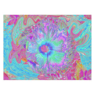Psychedelic Retro Rainbow Blue Hibiscus Tablecloth