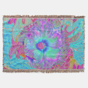 Psychedelic Retro Rainbow Blue Hibiscus Throw Blanket