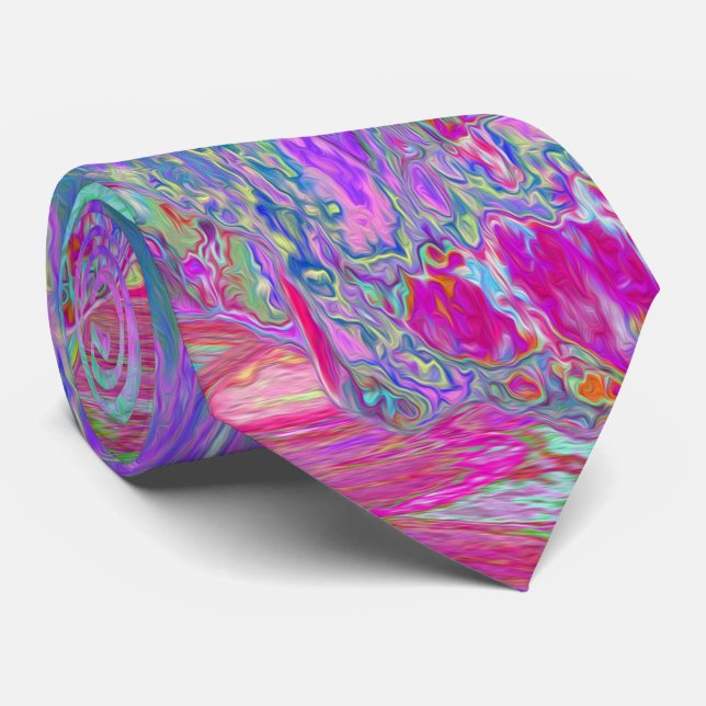 Psychedelic Retro Rainbow Blue Hibiscus Tie (Rolled)