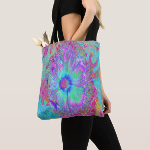 Psychedelic Retro Rainbow Blue Hibiscus Tote Bag