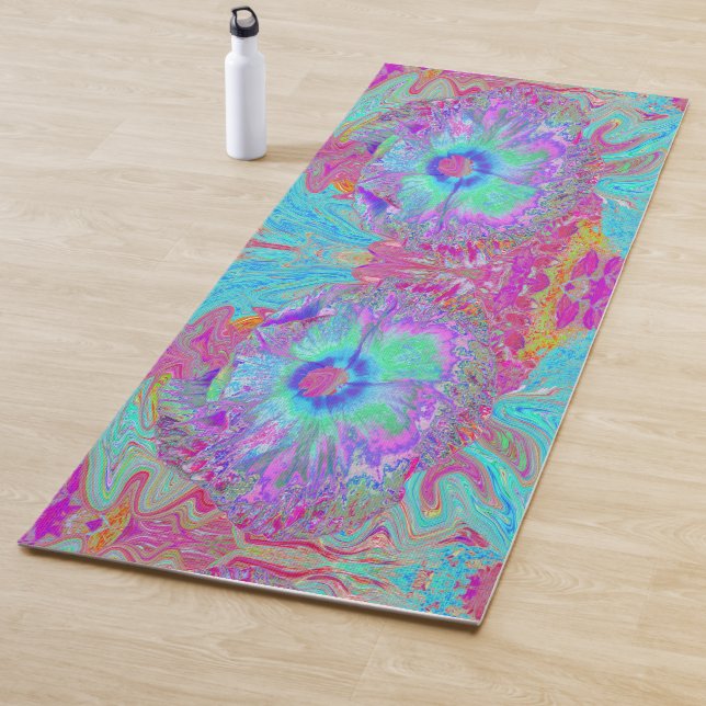 Psychedelic Retro Rainbow Blue Hibiscus Yoga Mat (In Situ)