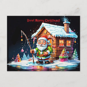 psychedelic Santa holding fishing pole christmas  Holiday Postcard