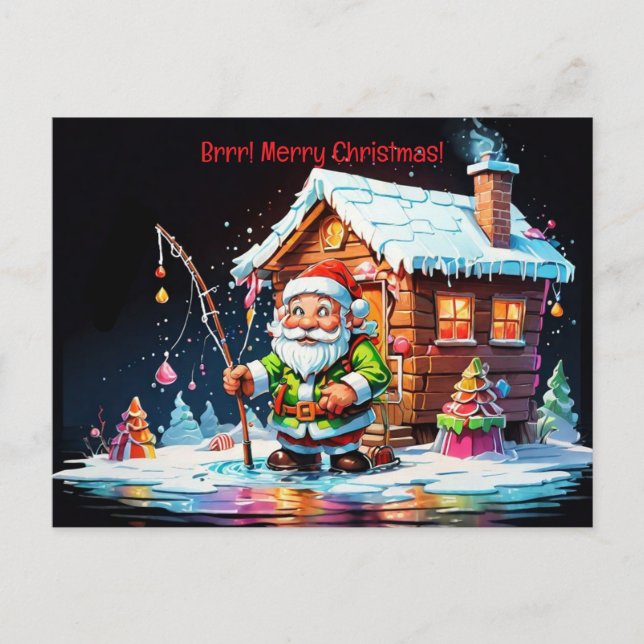 psychedelic Santa holding fishing pole christmas  Holiday Postcard (Front)