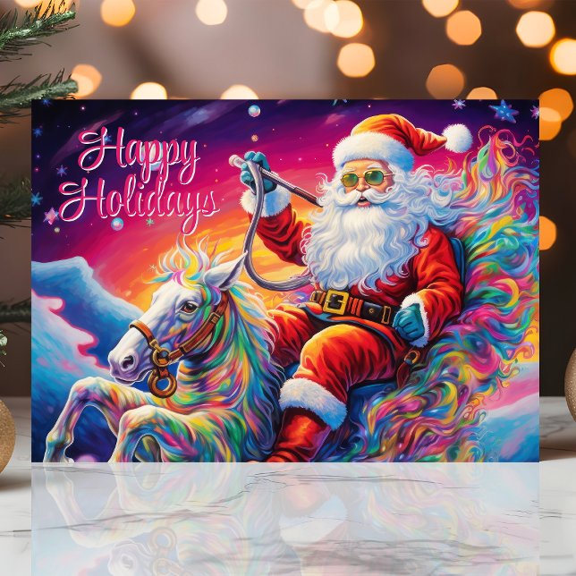 Psychedelic Santa on Rainbow Horse Holiday Card (Creator Uploaded)