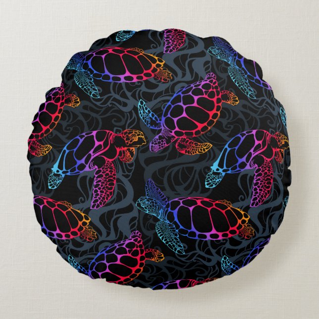 Psychedelic Sea Turtle: Boho Ocean Round Cushion (Front)