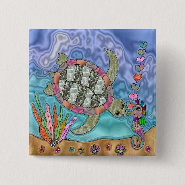 Psychedelic Sea Turtle Seahorse Art 15 Cm Square Badge (Front)