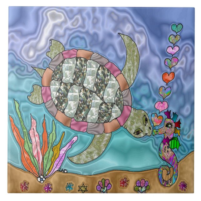 Psychedelic Sea Turtle Seahorse Art Ceramic Tile (Front)