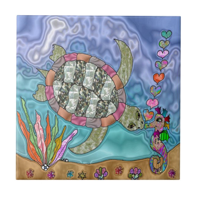 Psychedelic Sea Turtle Seahorse Art Ceramic Tile (Front)